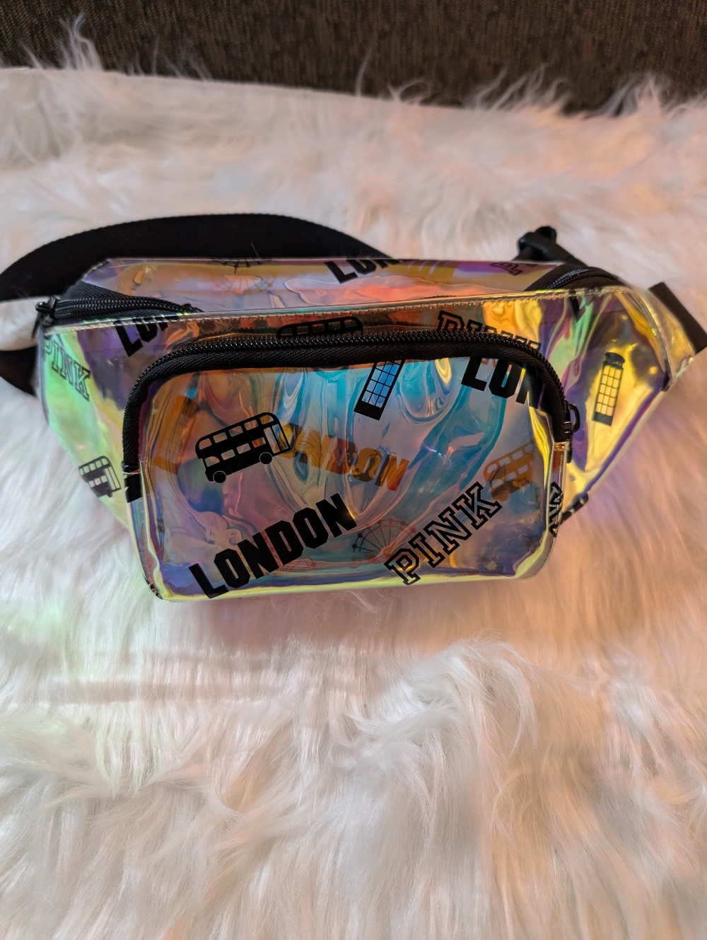 PINK Victoria's Secret Holographic London Print Waist Bag - Iridescent Blue